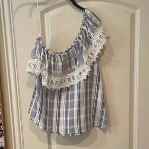 Blue and white checked one shoulder top size medium